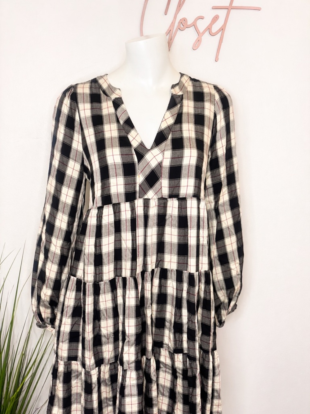 Maeve by Anthropologie Plaid Tiered Babydoll Dress | XS | Black Cream - Picture 3 of 5